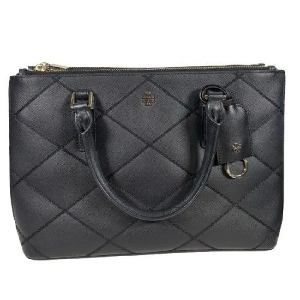 Tory Burch Robinson Black Wild Stitch Leather Double Zip Tote Shoulder Bag Purse